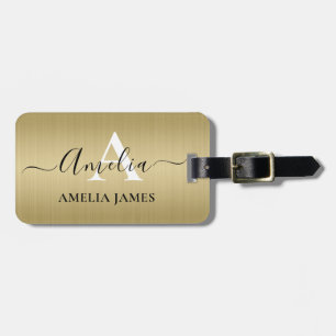 Stylish Monogram Script Faux Gold Metal Steel Luggage Tag