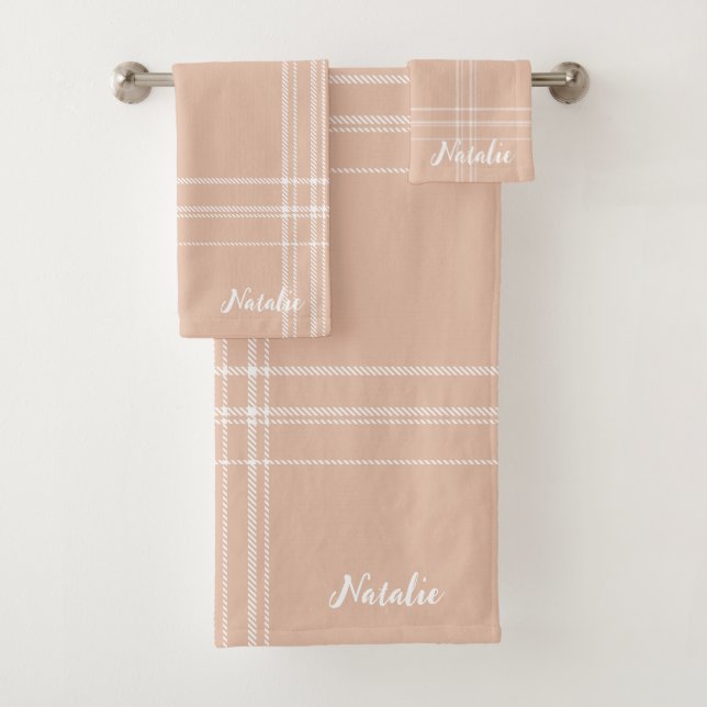 Stylish monogram tartan modern text design pink bath towel set (Insitu)