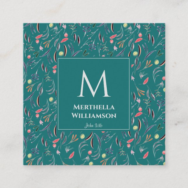 Stylish MONOGRAM Teal Blue Floral Square Business Card (Front)