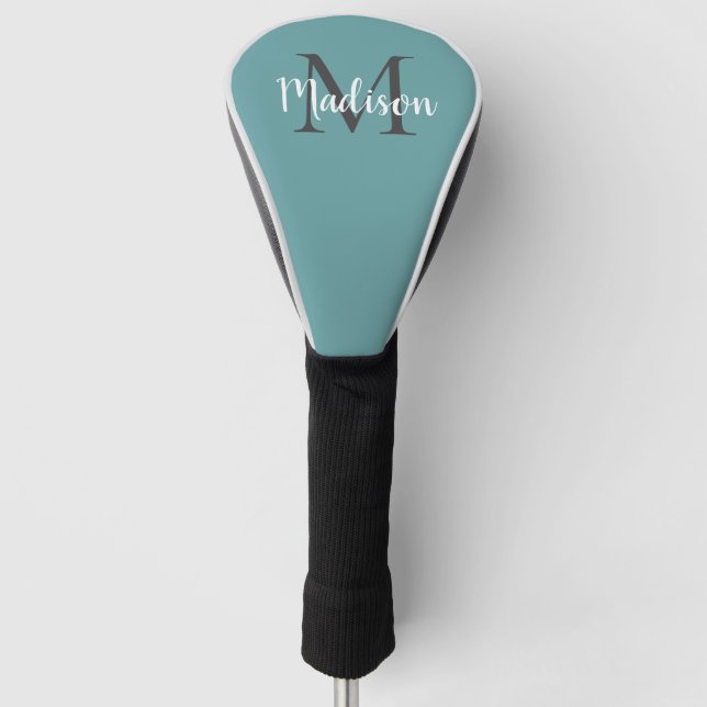 Stylish Monogram Teal White Script Personalised Golf Head Cover (Front)