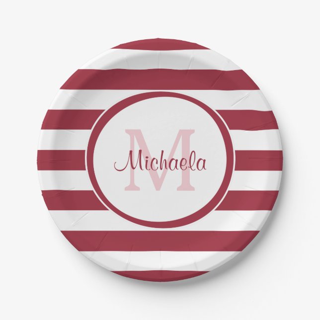 Stylish Monogram Thick Chilli Pepper Red Stripes Paper Plate (Front)