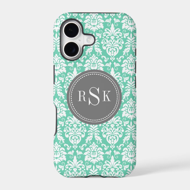 Stylish Monogram Trio Mint Damask (Back)