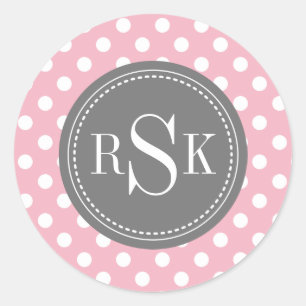 Stylish Monogram Trio Pink Polka Dots Classic Round Sticker