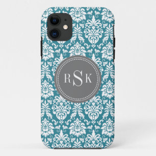 Stylish Monogram Trio Teal Damask iPhone 11 Case