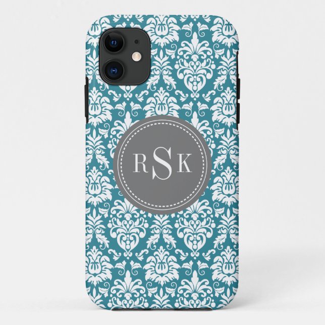Stylish Monogram Trio Teal Damask Case-Mate iPhone Case (Back)