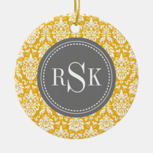 Stylish Monogram Trio Yellow Damask Ceramic Tree Decoration