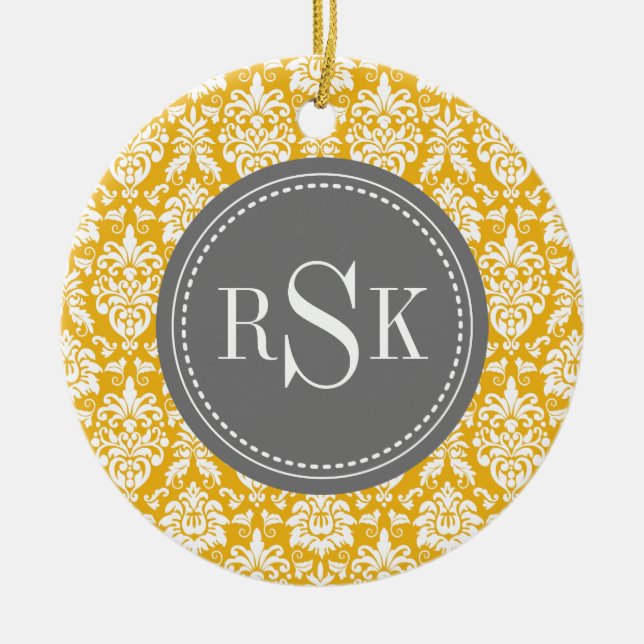 Stylish Monogram Trio Yellow Damask Ceramic Tree Decoration (Front)