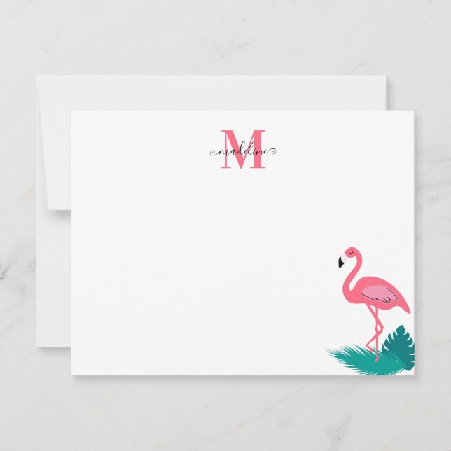 Stylish Monogram Tropical Leaves Hot Pink Flamingo Card (Front)