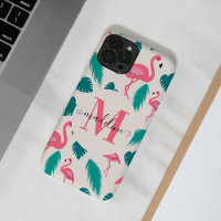 Stylish Monogram Tropical Leaves Hot Pink Flamingo