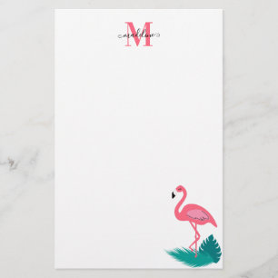 Stylish Monogram Tropical Leaves Hot Pink Flamingo Stationery