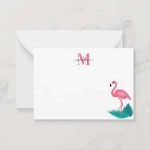 Stylish Monogram Tropical Leaves Pink Flamingo 2 Card
