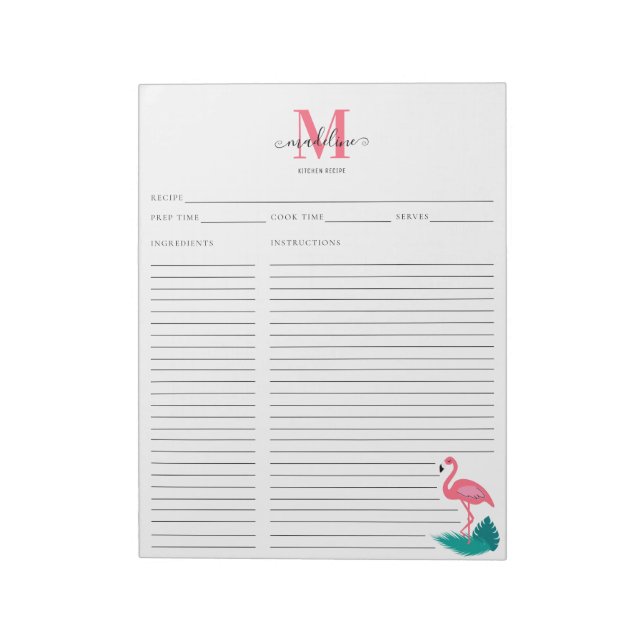 Stylish Monogram Tropical Pink Flamingo Recipe Notepad (Rotated)