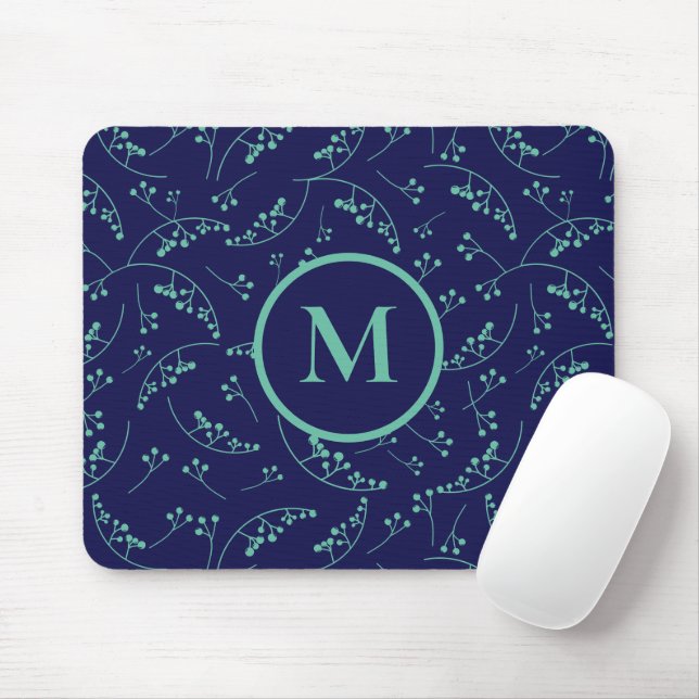 Stylish monogram turquoise teal berry pattern mouse mat (With Mouse)