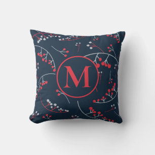 Stylish monogram vibrant red blue berry pattern cushion