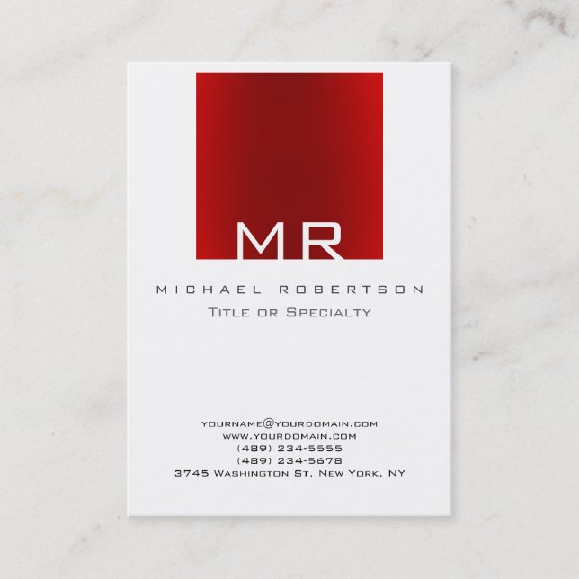 Stylish Monogram White Dark Red Business Card (Front)