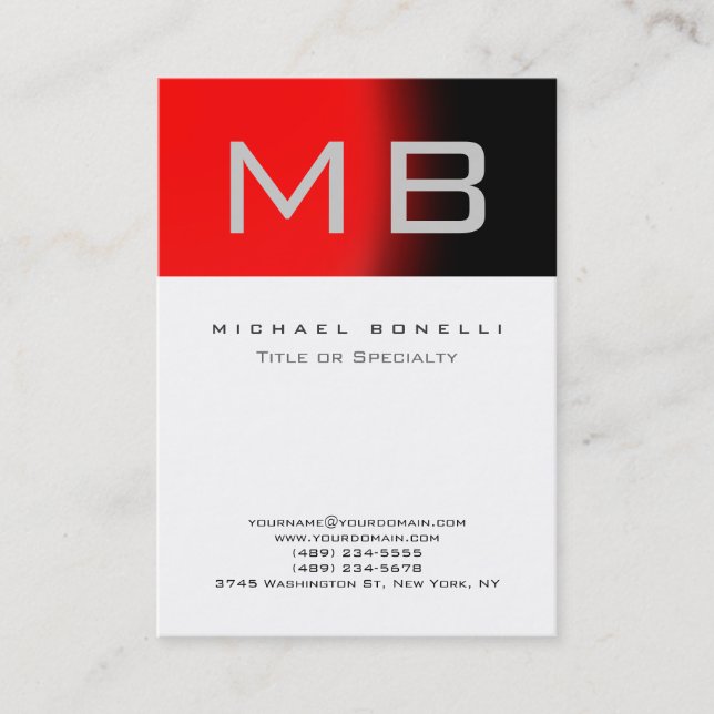 Stylish Monogram White Grey Red Business Card (Front)