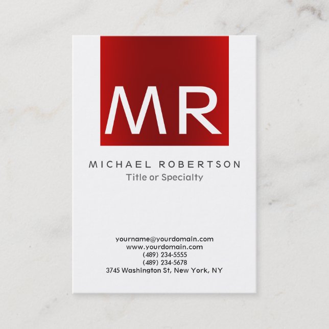 Stylish Monogram White Red Stripe Business Card (Front)