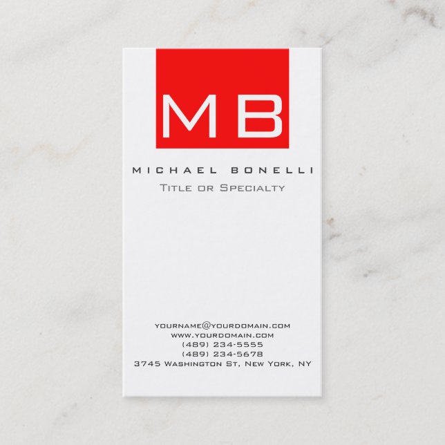 Stylish Monogram White Red Vertical Business Card (Front)