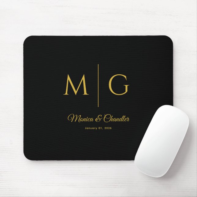 Stylish Monogram With Couple Name Black Mouse Mat (With Mouse)