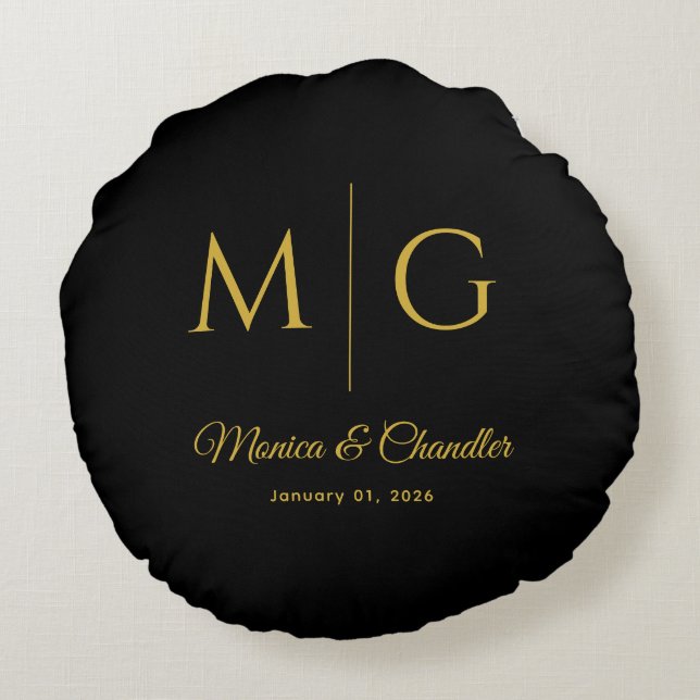 Stylish Monogram With Couple Name Black Round Cushion (Back)