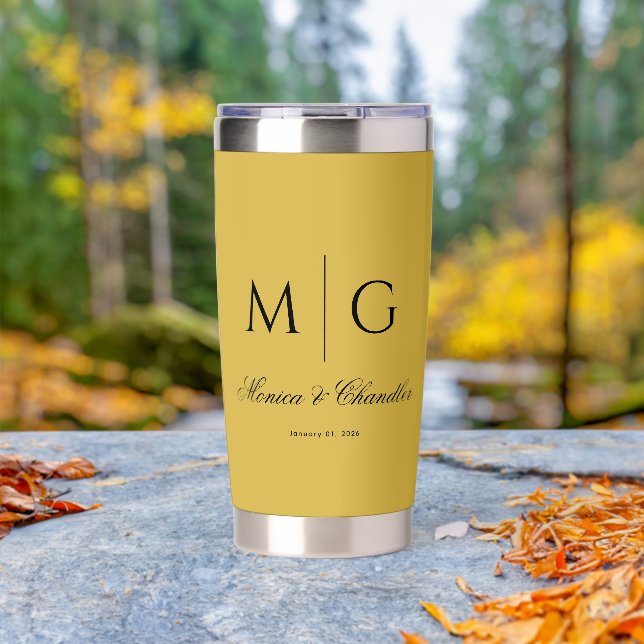 Stylish Monogram With Couple Name Metallic Gold Insulated Tumbler (Outdoor (Rotated))