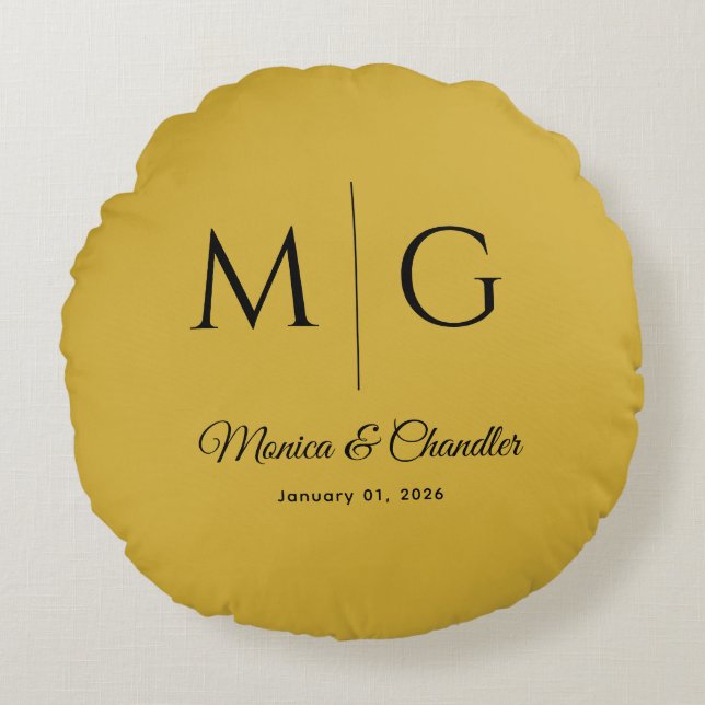 Stylish Monogram With Couple Name Metallic Gold Round Cushion (Front)