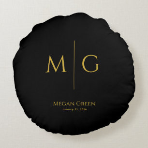 Stylish Monogram With Name Personalized Black Round Cushion