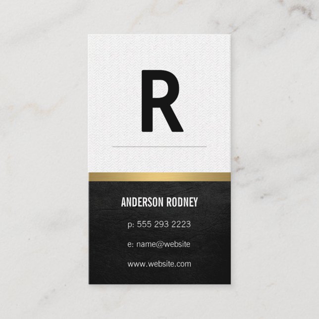 Stylish Monogram with Pattern Leather Gold Trim Business Card (Front)
