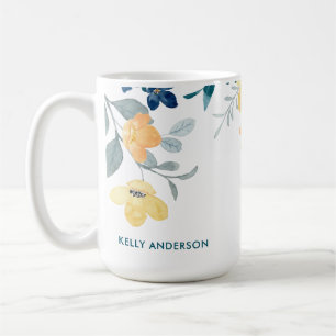 Stylish Monogram Yellow & Blue Watercolor floral Coffee Mug