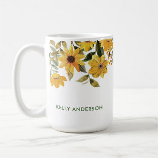 Stylish Monogram Yellow Watercolor floral Coffee Mug