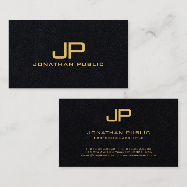 Stylish Monogrammed Black And Gold Luxury Premium Business Card (Front/Back)