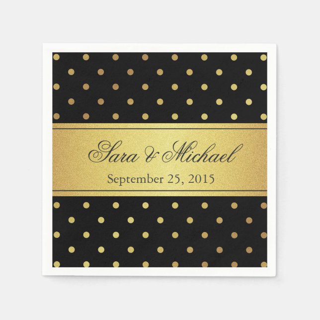 Stylish Monogrammed - Black and Gold Polka Dots Napkin (Front)