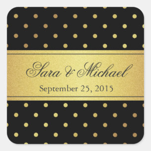 Stylish Monogrammed - Black and Gold Polka Dots Square Sticker