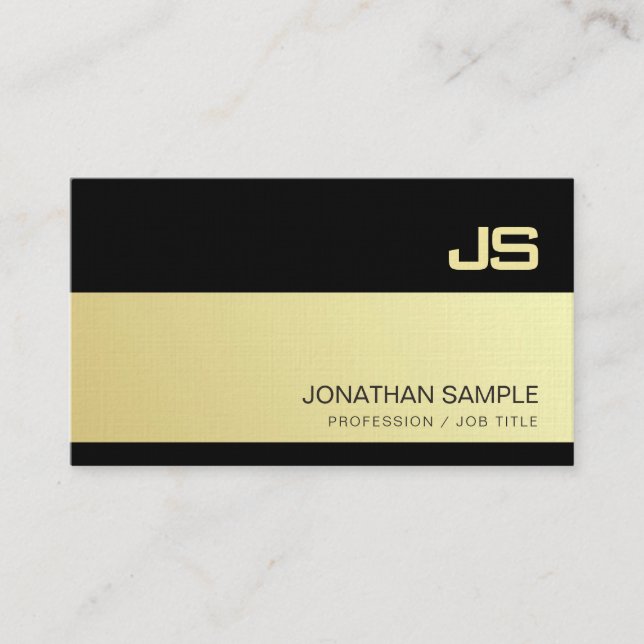 Stylish Monogrammed Black Gold Design Plain Luxury Business Card (Front)
