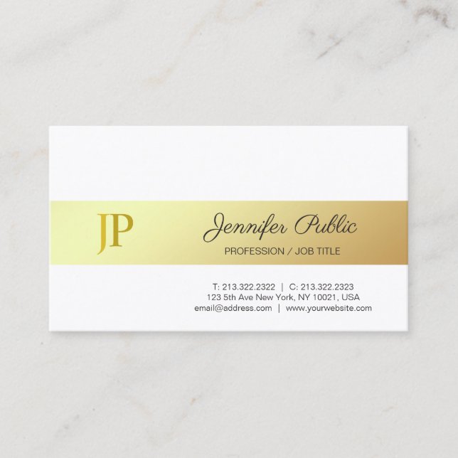 Stylish Monogrammed Gold And White Plain Luxury Business Card (Front)