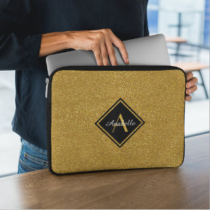 Stylish Monogrammed Gold Glitter Laptop Sleeve