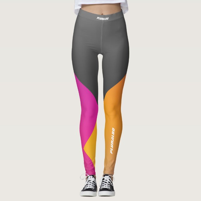 Stylish monogrammed grey pink yellow workout leggings (Front)