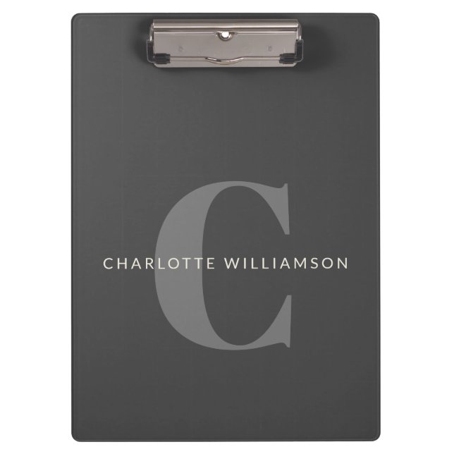 Stylish Monogrammed Name Professional Black Grey Clipboard (Front)