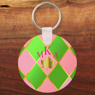 Stylish Monogrammed Pink and Green Argyle  Key Ring