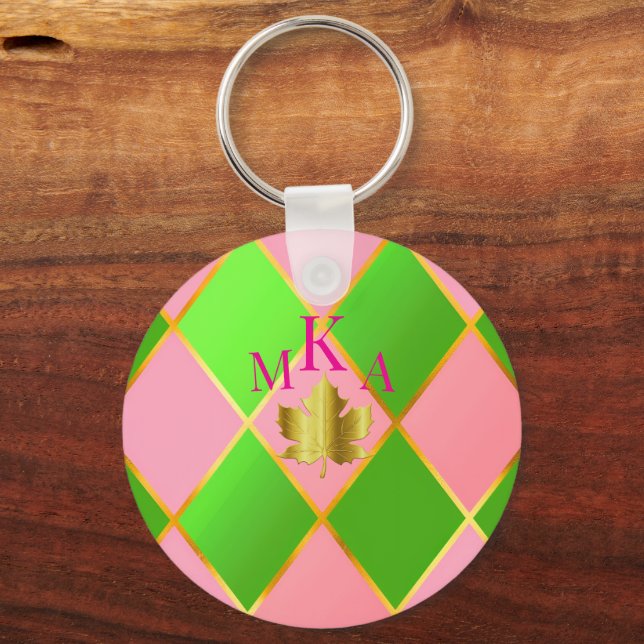Stylish Monogrammed Pink and Green Argyle  Key Ring (Front)