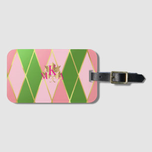 Stylish Monogrammed Pink and Green Argyle Luggage Tag