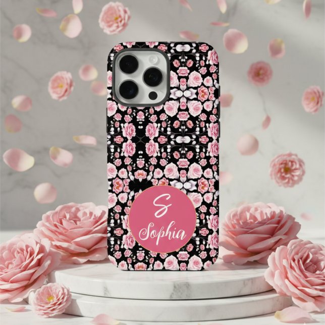 Stylish Monogrammed Pink Floral Pattern on Black Case-Mate iPhone Case (Creator Uploaded)