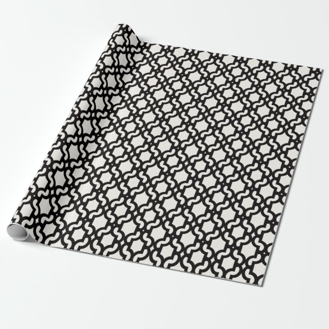 Stylish Moroccan Black Quatrefoil Lattice Pattern Wrapping Paper (Unrolled)