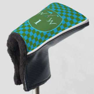 Stylish Moss Green Azure Blue Chequered Monogram Golf Head Cover