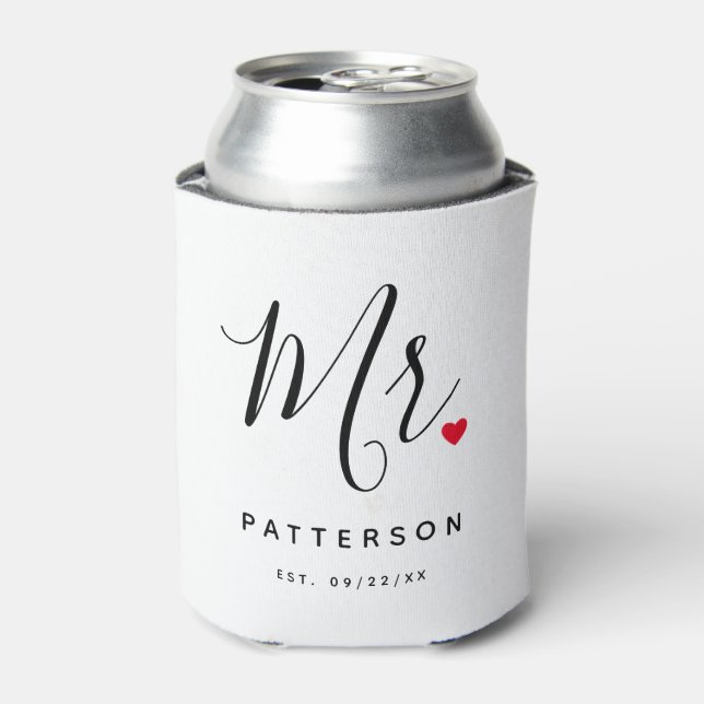 Stylish Mr. Custom Last Name & Date Wedding Can Cooler (Can Front)