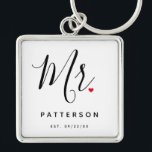 Stylish Mr. Custom Last Name & Date Wedding Key Ring<br><div class="desc">The perfect gift for any groom to be,  the fun and modern design features a stylish typography script "Mr." with cute little red love heart full stops. The design is easy to personalize with your surname and established date and will be the perfect keepsake from your special day.</div>