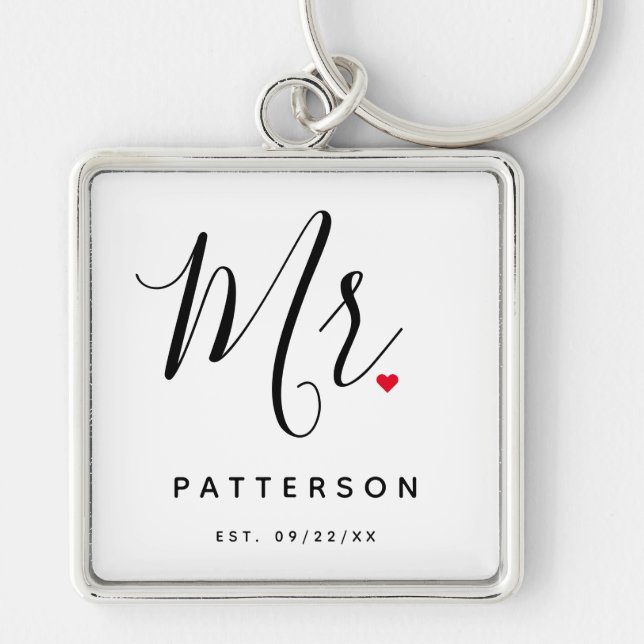 Stylish Mr. Custom Last Name & Date Wedding Key Ring (Front)