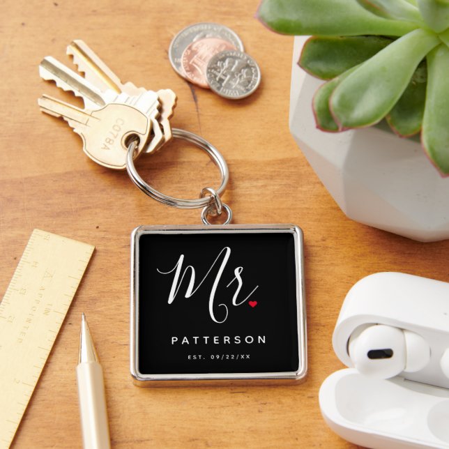Stylish Mr. Custom Last Name & Date Wedding Key Ring (Desk)