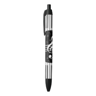 Stylish Music Notes Treble Clef and Piano Keys Black Ink Pen