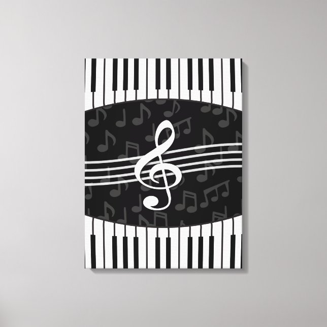 Stylish Music Notes Treble Clef and Piano Keys Canvas Print (Front)
